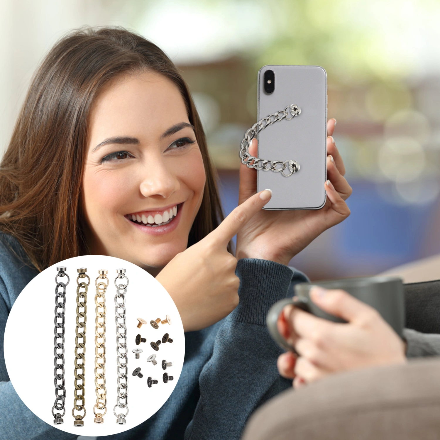 4Pcs Phone Finger Chains DIY Chain Design Phone Hand Strap Secure Phone Decors