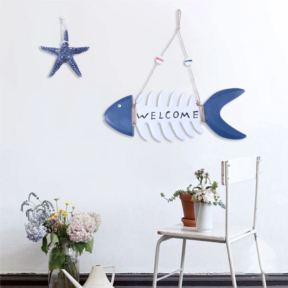 2pcs/Set Summer Theme Creative Wooden Door Ornaments Fishbone Shape WELCOME Door Sign Hanging Decor for Home Shop Hotel (Door Sign+Sea Star)