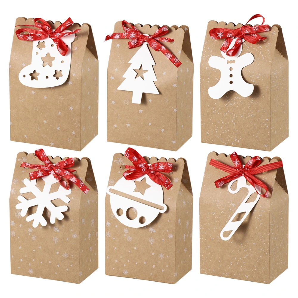 PRETYZOOM 6pcs Christmas Portable Candy Boxes DIY Baking Biscuits Packing Boxes Kraft Paper Gift Container Sweet Case Party Supplies with Ribbon and White Tag