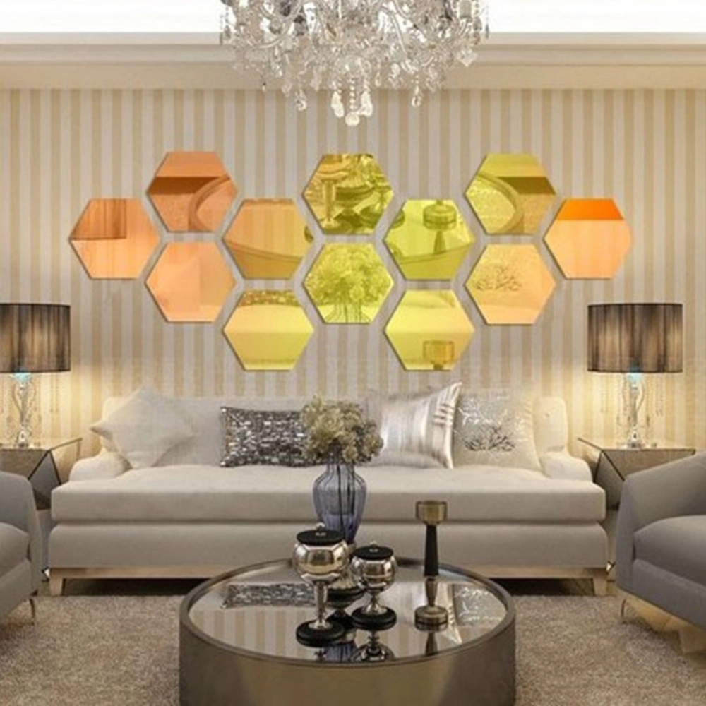 12pcs Hexagonal Acrylic Mirrors Wall Stickers Home Decor Living Room DIY Modern Art Mirror Wall Mural Decoration 8x8cm (Golden)