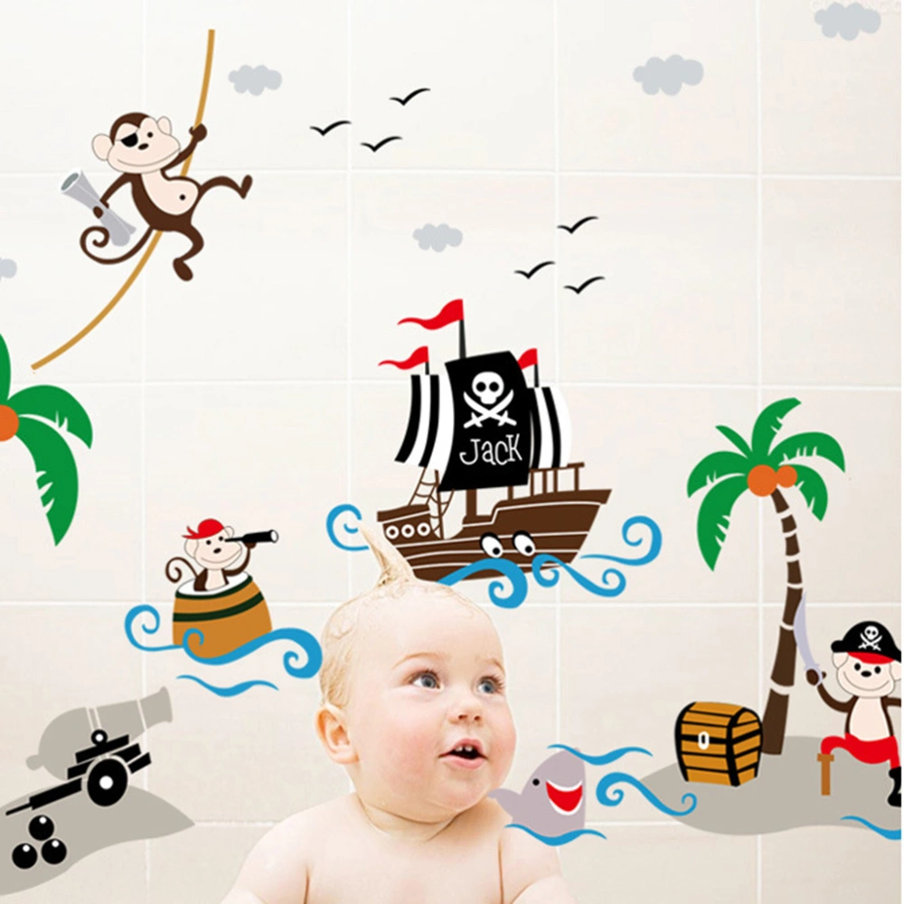 2pcs Monkey Pirate Ship Pattern Wall Stickers Decorative Cartoon Animal Wall Sticker DIY Removable Sticker Kids Kindergarten Bedroom Decor Home Wall Freely Matching