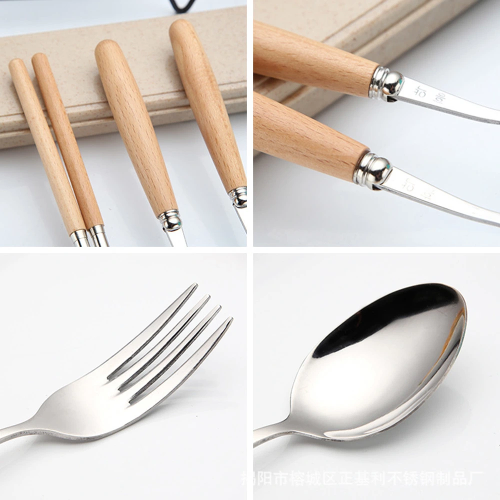 3 Pcs Stainless Steel Flatware Set Outdoor Portable Beech Handle Chopstick Spoon Fork Set Tableware Set with Protective Storage Case