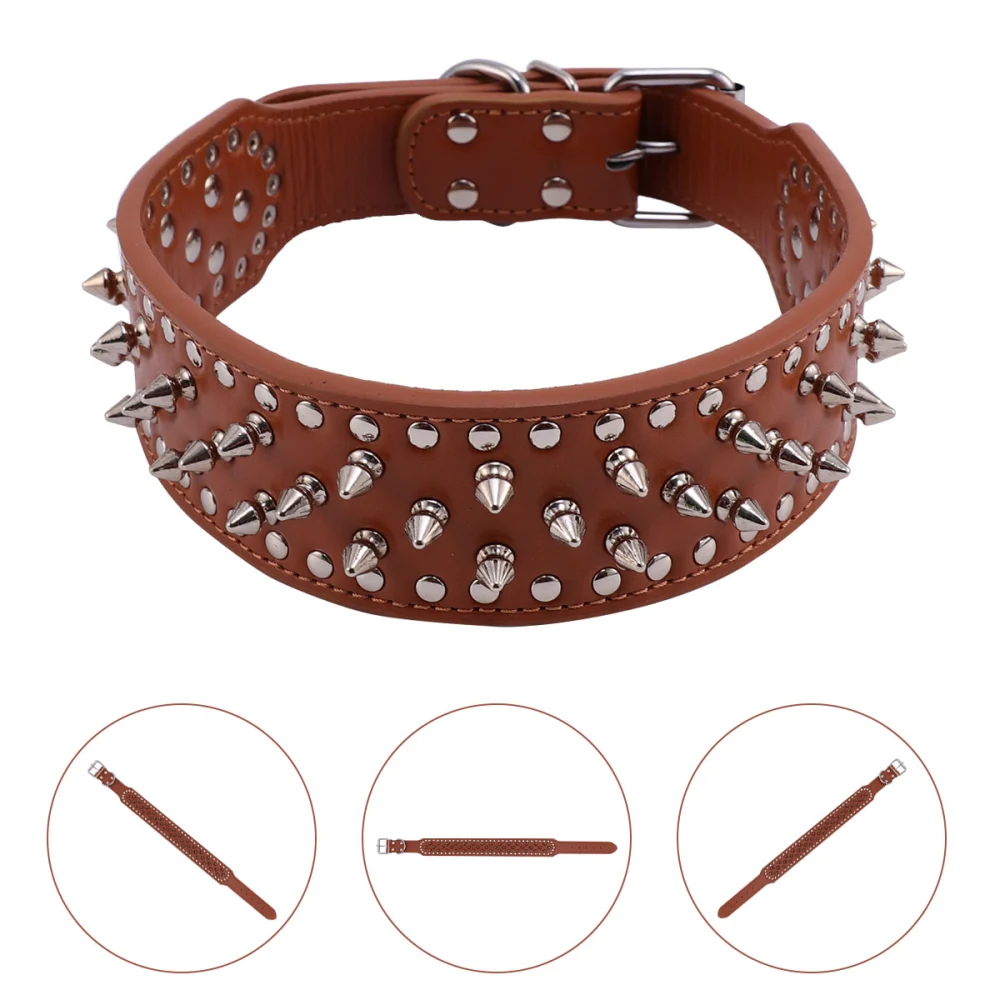 Punk Pet Collar Adjustable Leather Collar Fashion Rivet Decor Necklace Creative Bell Necklace for Pet Large Dog (Brown)