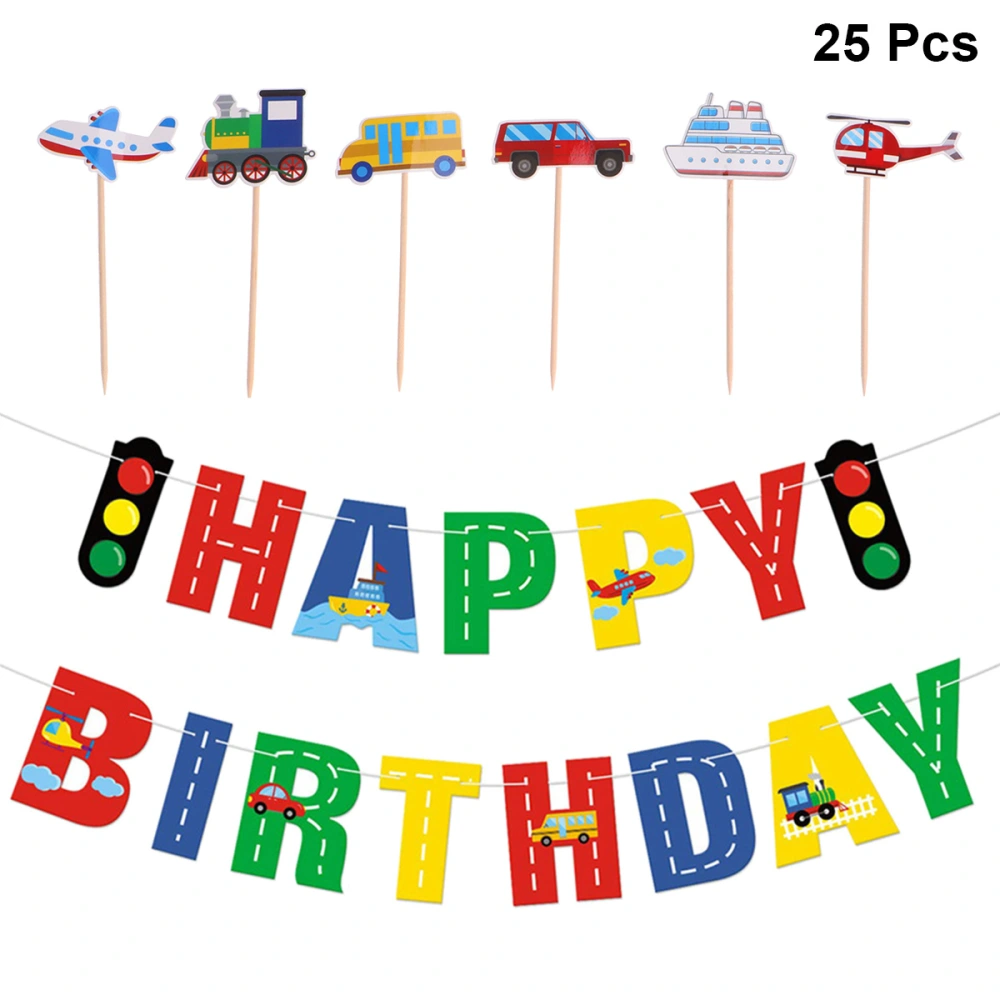 25pcs in 1 Set Transportation Theme Birthday Banner and Cake Topper Set Colorful Traffic Tool Design Flag Cupcake Insert Set Birthday Party Decoration Layout Supplies(24pcs Cake Topper and 1 Set Banner)