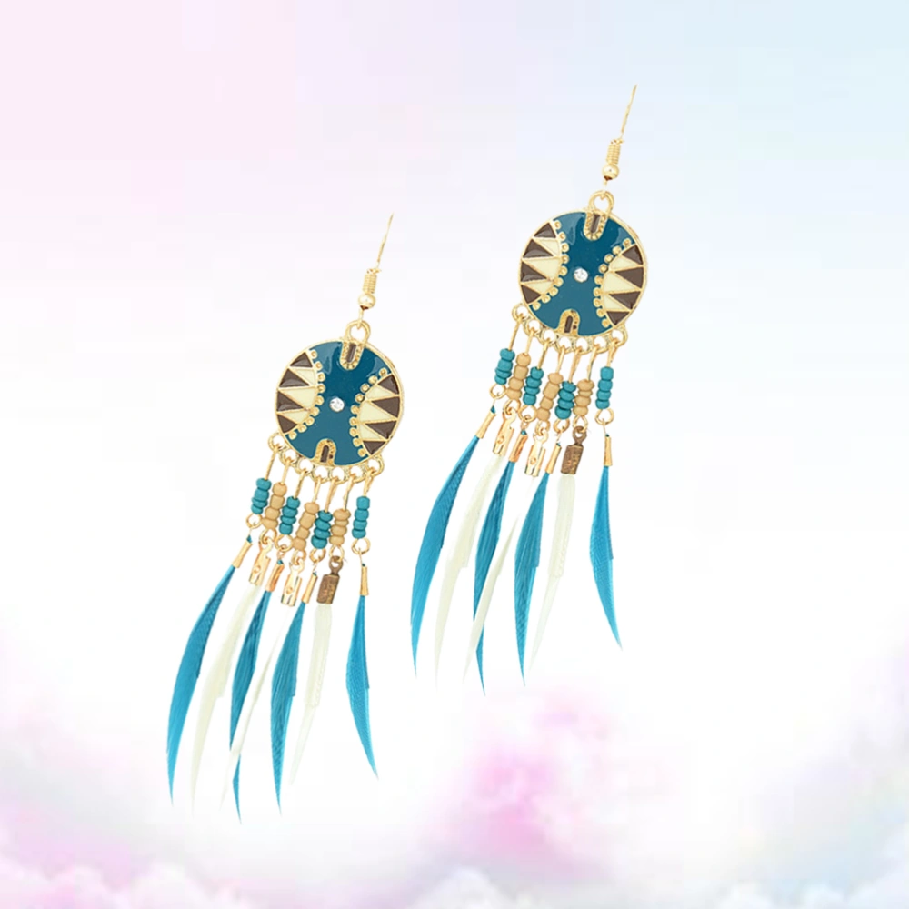 1 Pair Fashionable Bohemian Earrings Retro Beaded Feathers Long Tassel Ear Rings Eardrop (Blue)