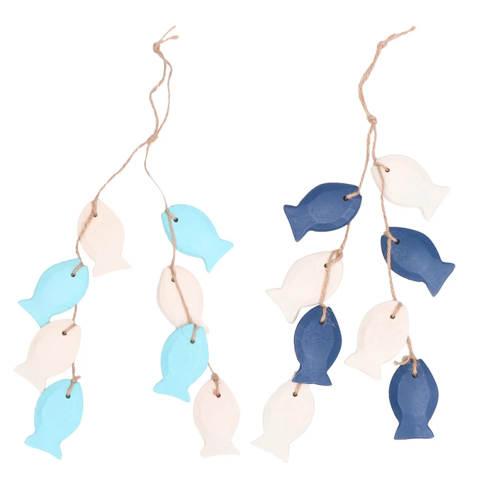 2pcs Small Fish String Pendant Wooden Fish Pendant Retro Mediterranean Style Hanging Decorations (Light Blue+ White, Dark Blue + White )