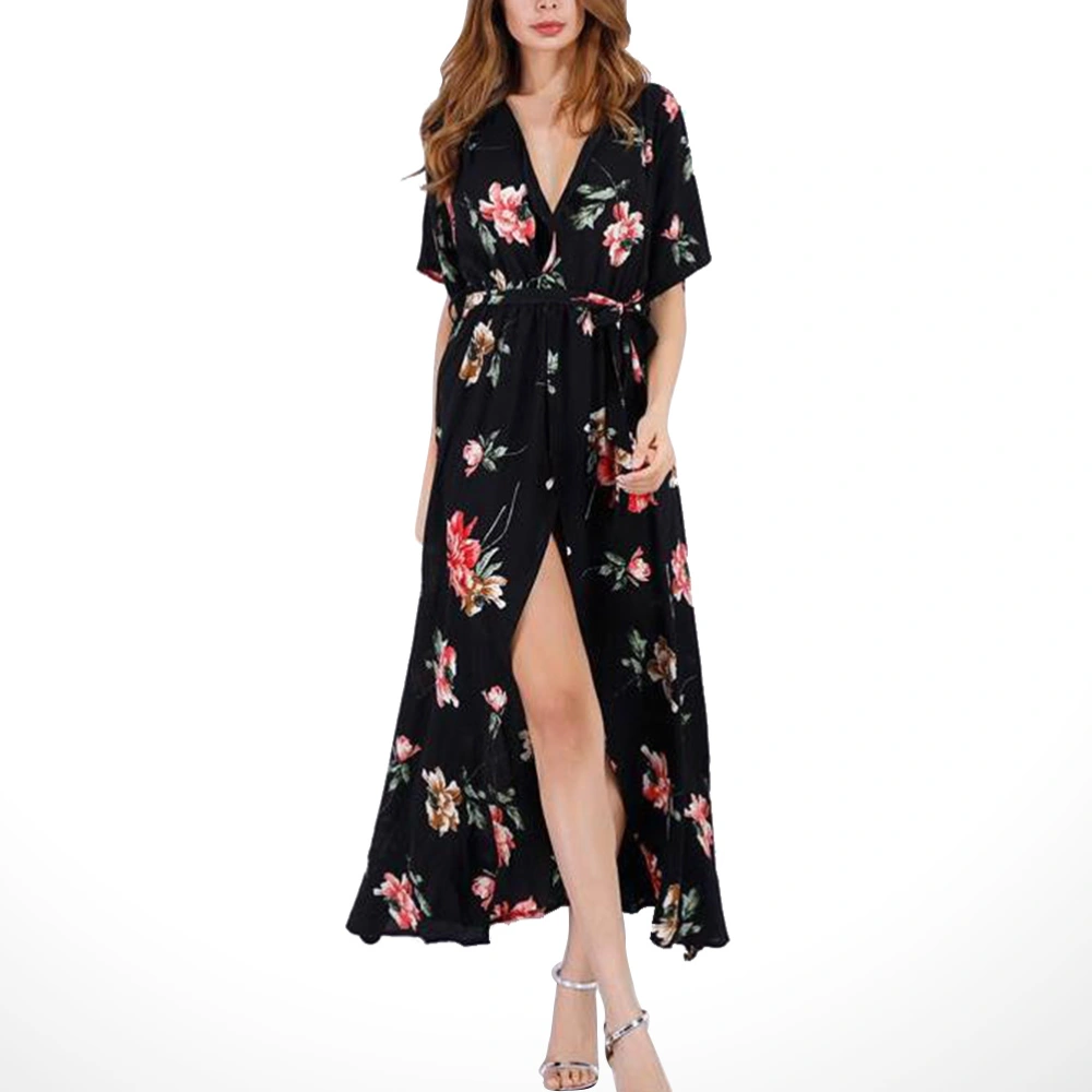 Black Chiffon V Neck Dress Stylish Summer Party Dress Up Decorative Red Flower Printing Costume Fashion Floral Beach Skirt For Women Lady - Size L