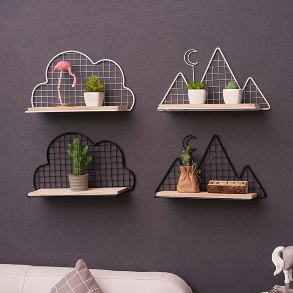 Geometric Iron Wall Rack Creative Wall Shelf Practical Wall Hanging Wall Mounted Storage Rack for Bedroom Sitting Room Home Office (Black Mountain Shaped)