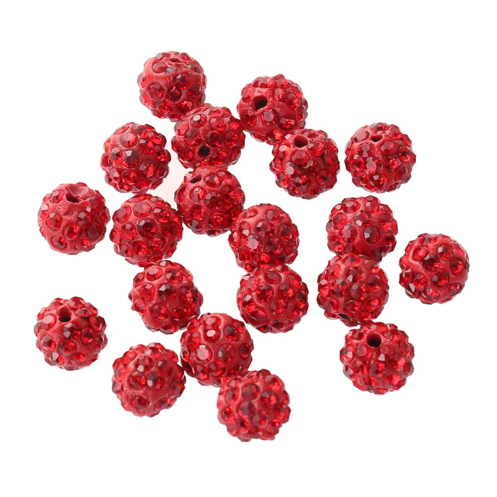 20PCS 10MM Round Straight Holes Drilling Balls Rhinestone Spacer Beads Crystal Clay Czech Disco Balls DIY Beads Jewelry Accessories (Red)