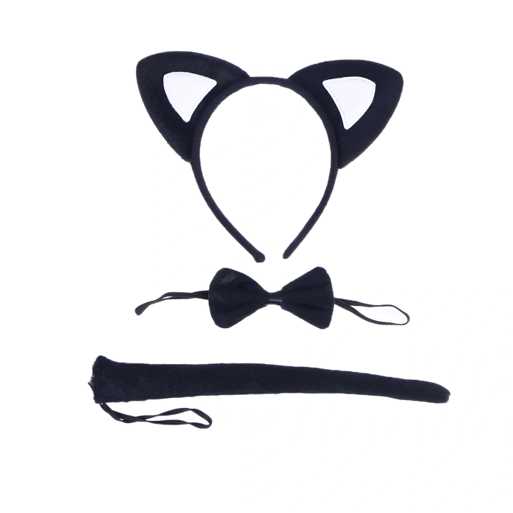 3Pcs Kids Cat Ears Headband Bow Ties Tail Set Party Cosplay Costume (Black and White)