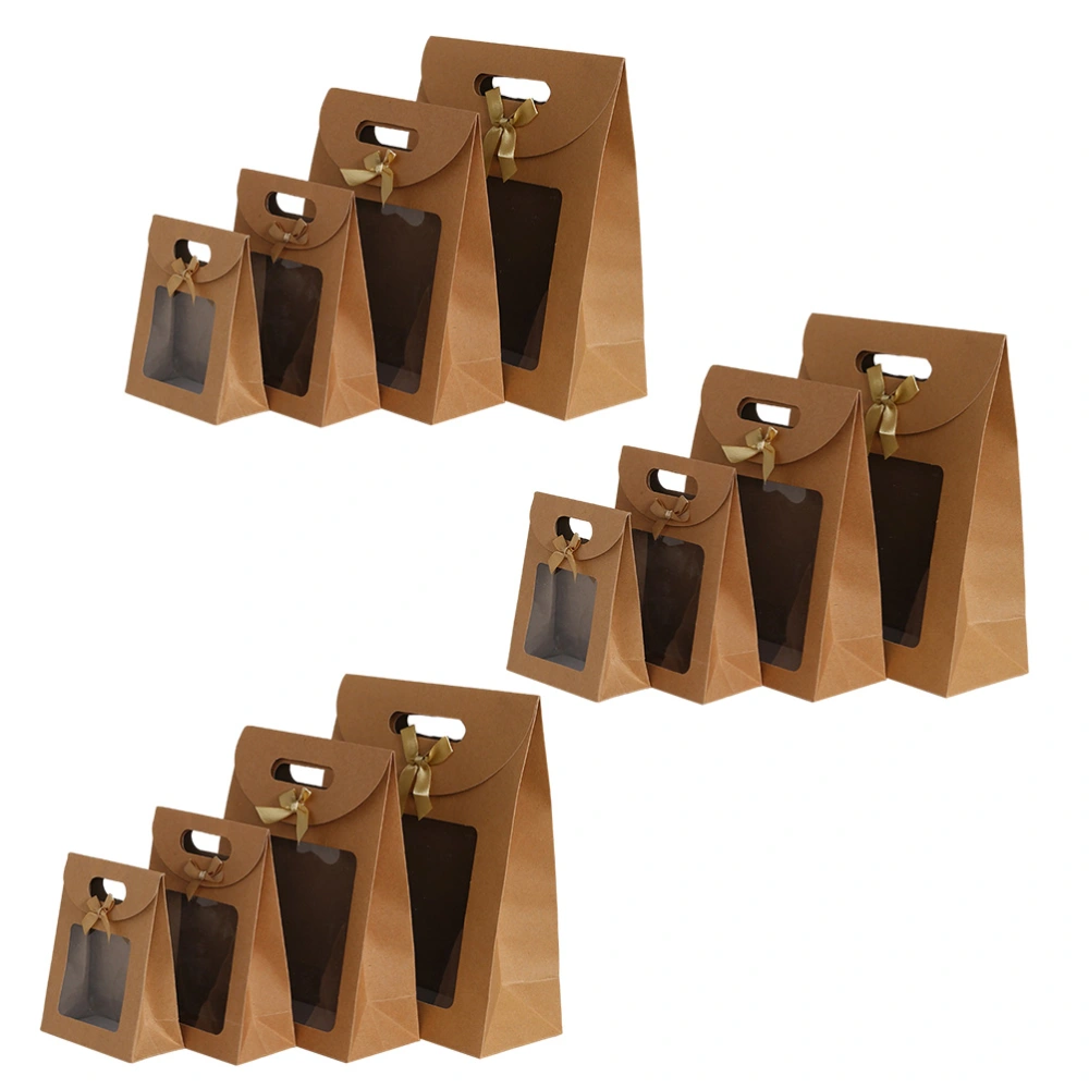 12PCS Christmas Open Window Gift Bag Kraft Paper Bag Bowknot Handheld Gift Bag