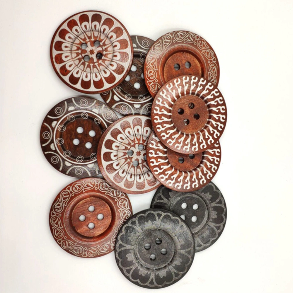 10PCS Carving Printed Pattern Buttons Art Retro Wooden Buttons for Knitting or Crochet Products Large Size 6CM 4 Holes