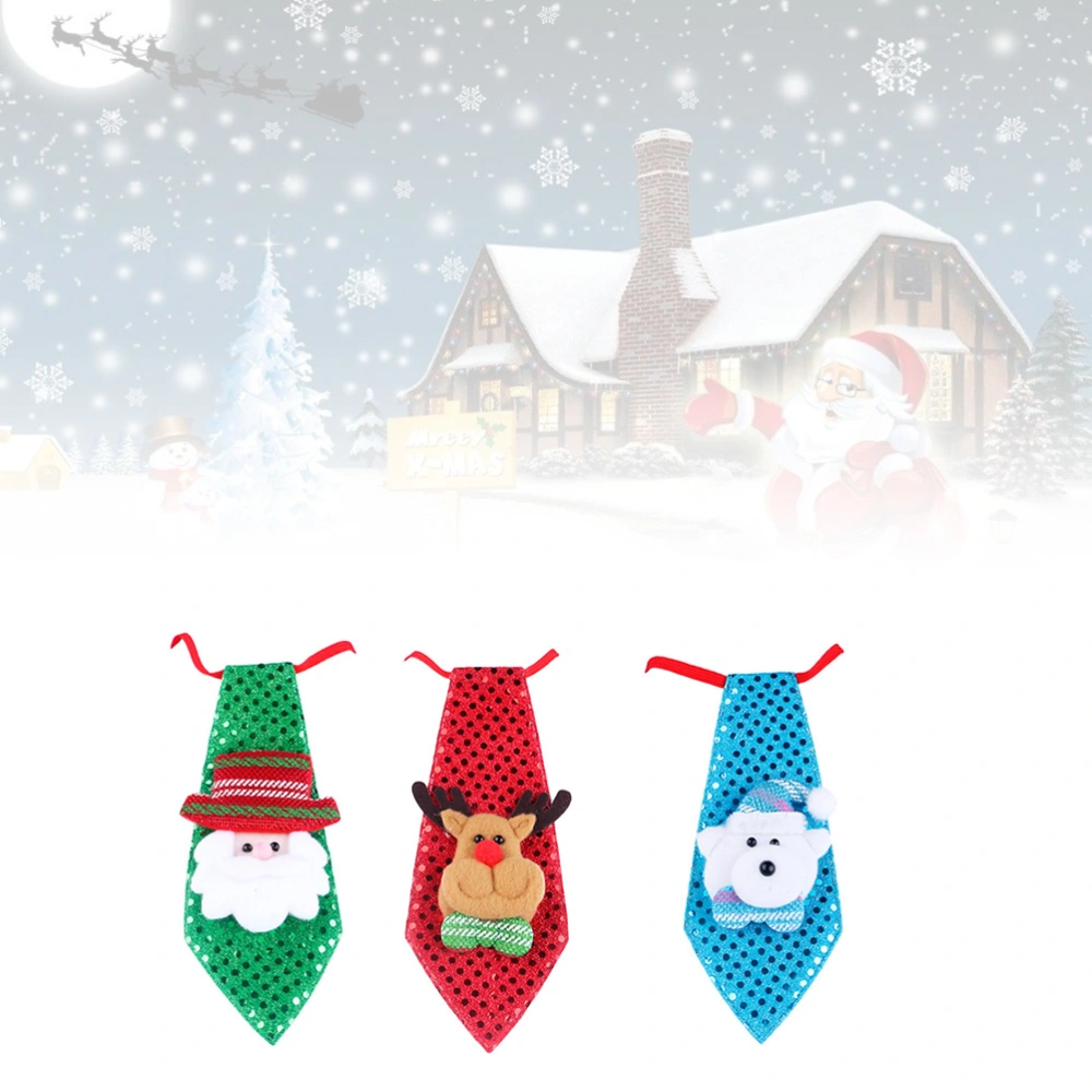 3pcs Christmas Glow Necktie Glowing Santa Claus Luminous Deer and Glowing Bear Pattern Creative Sequin Tie Christmas Tree Hanging Decoration