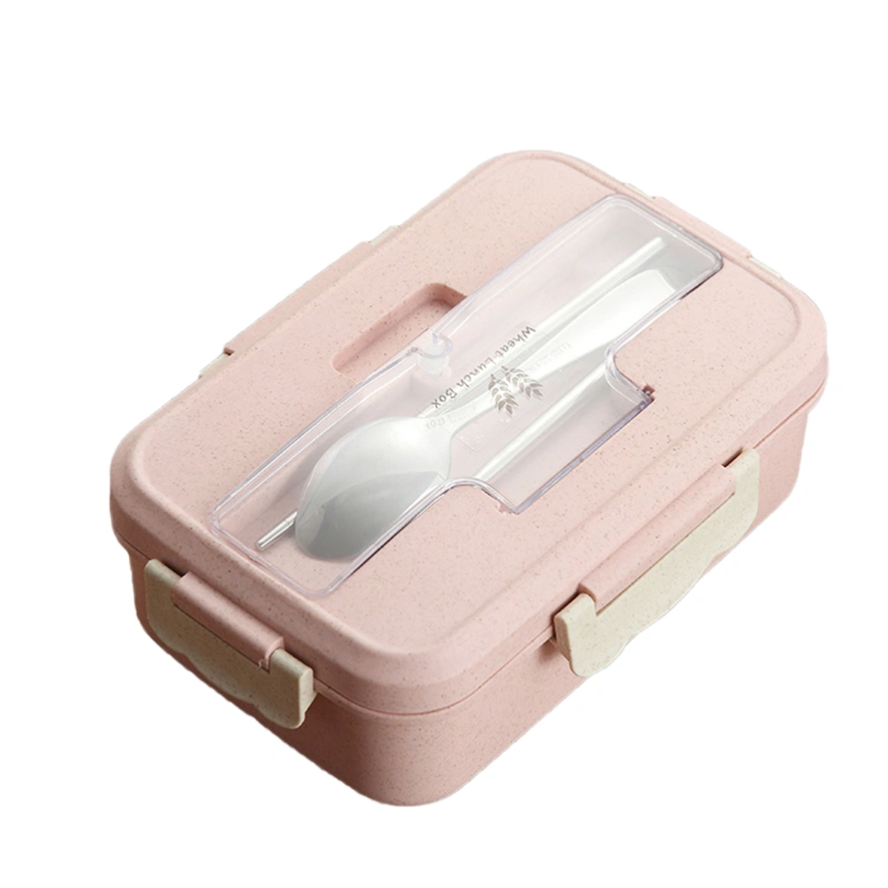 1100ml Wheat Straw Food Container Portable Lunch Box Thermal Microwave Oven Partition Food Box with Cutlery (Pink)