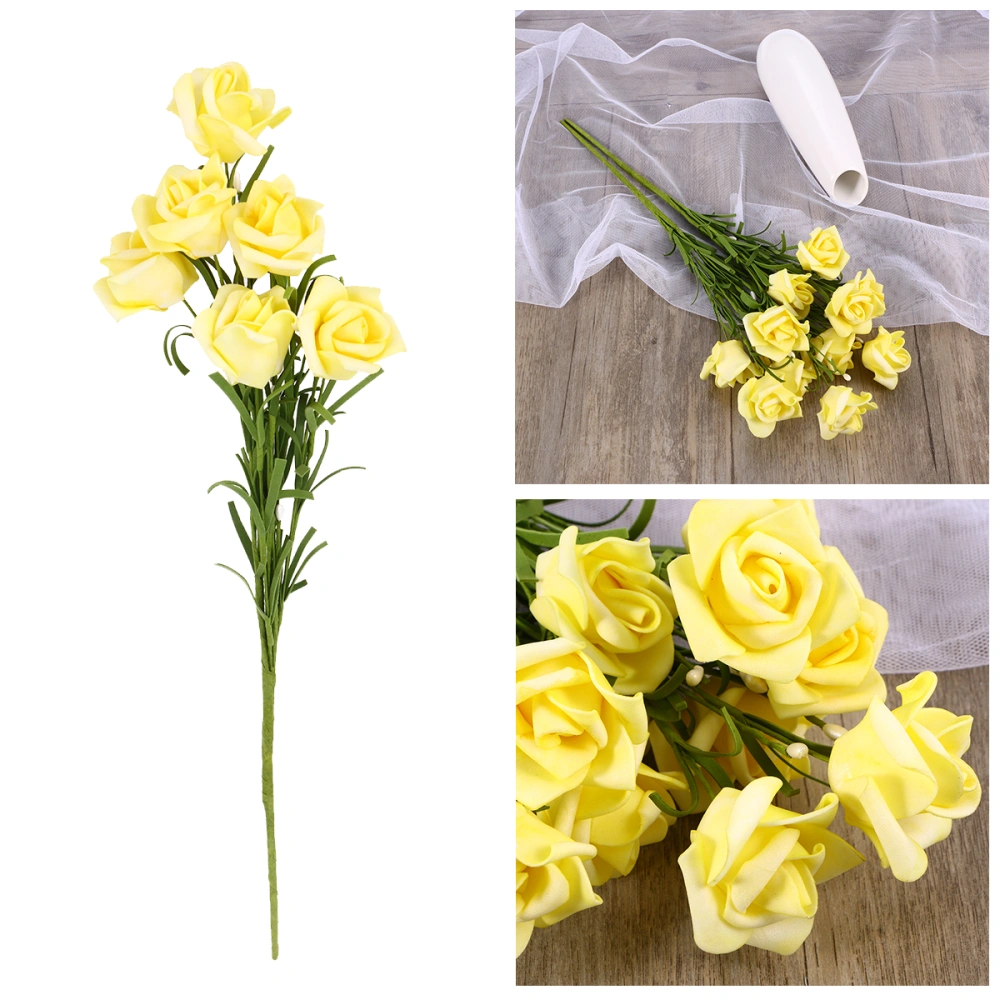 2 Pcs 6 Head Artificial Flower Fake Rose Simulation Flowers for Home Hotel Decoration (Yellow)