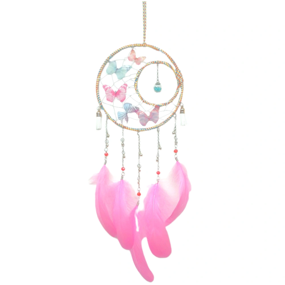 Glass Dream Catcher Feather Pendant for Home Bedroom Living Room Decor (White, Pink Butterfly)