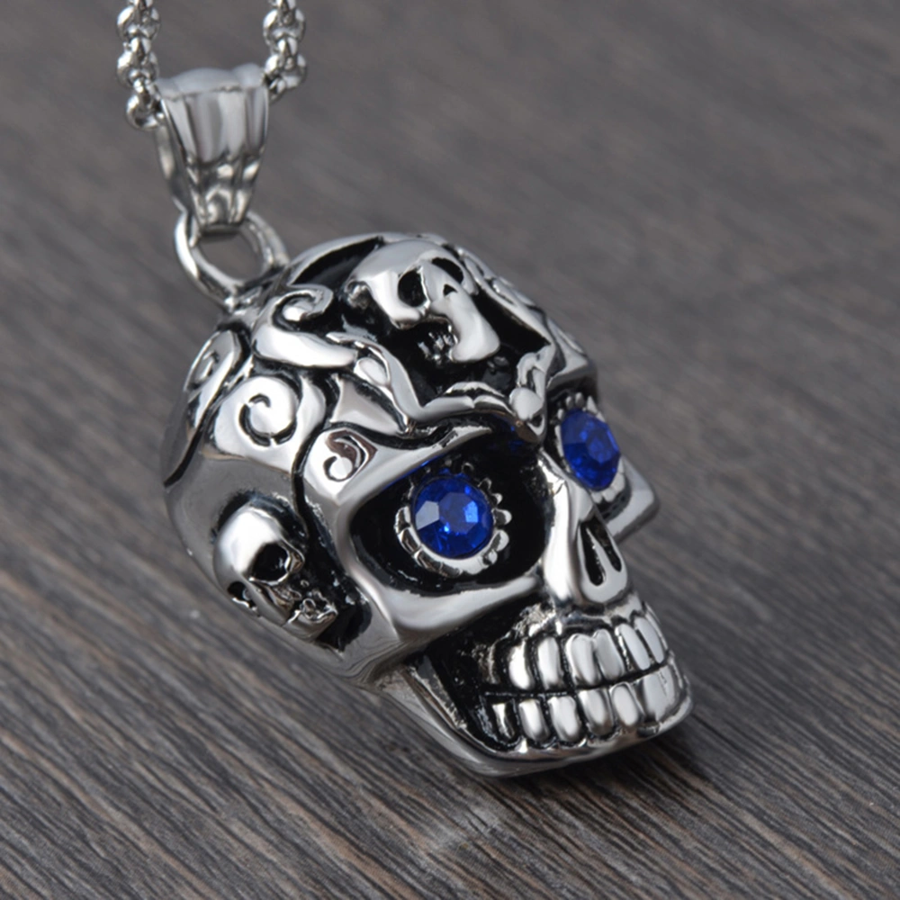 Personality Necklace Skull Head Blue Eyes Titanium Steel Men's Pendant Necklace Tide Male Hip Hop Jewelry (Only Pendant)