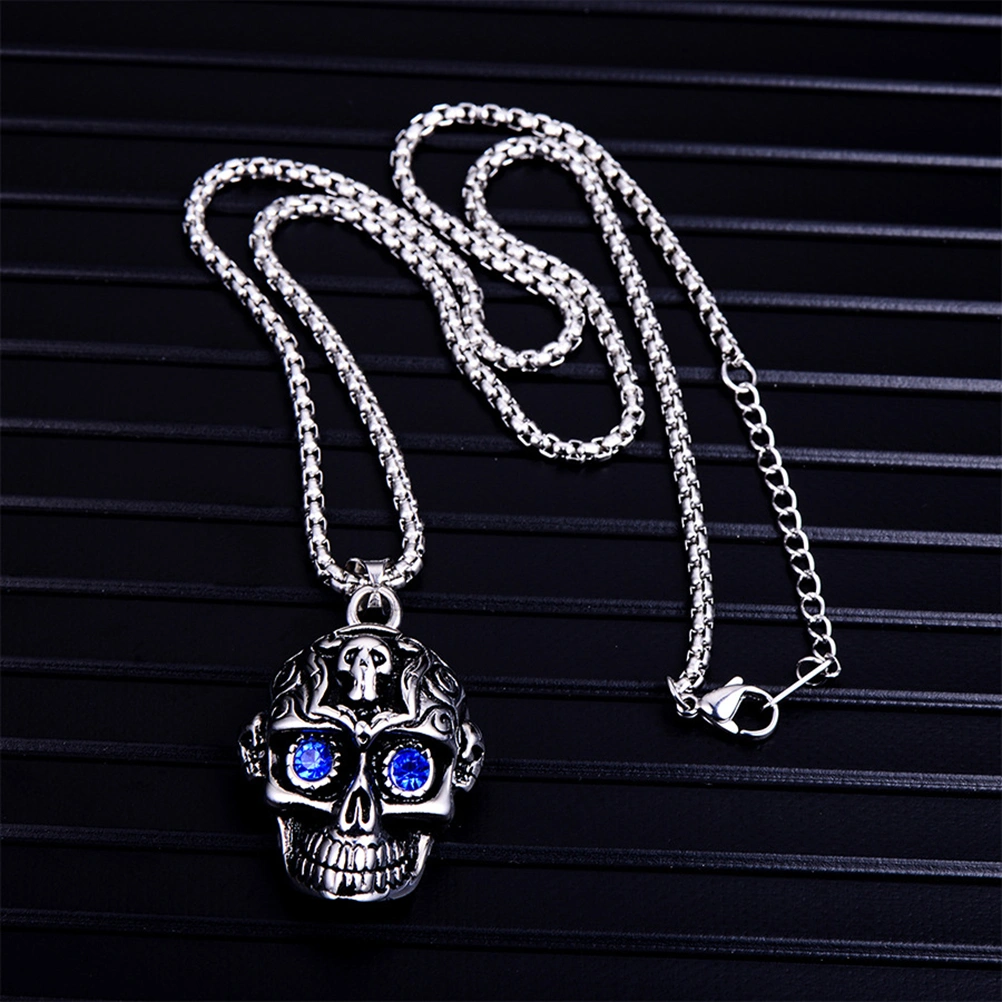 Personality Necklace Skull Head Blue Eyes Titanium Steel Men's Pendant Necklace Tide Male Hip Hop Jewelry (Only Pendant)