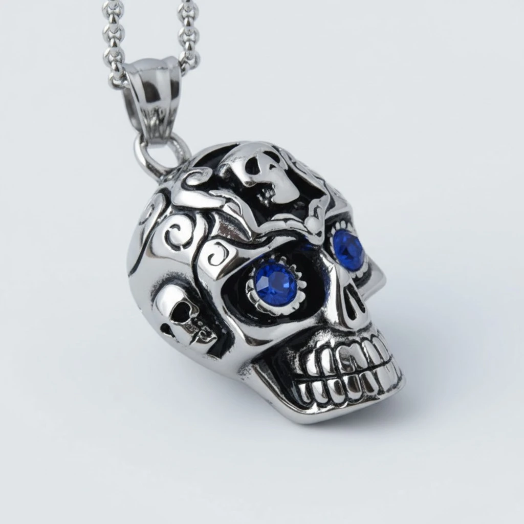 Personality Necklace Skull Head Blue Eyes Titanium Steel Men's Pendant Necklace Tide Male Hip Hop Jewelry (Only Pendant)