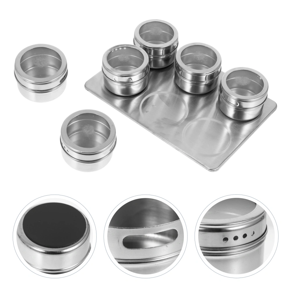 6pcs Stainless Steel BBQ Seasoning Jar Salt Jar  Holders with Tray and Sticker