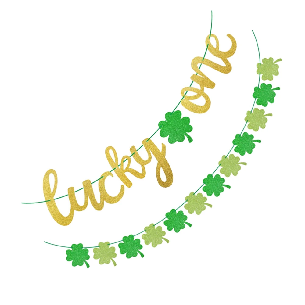 2 Sets St. Patricks Day Bunting ONE Printing Glitter Paper Garland Banner Photo Props Clover Flag Layout Supply Set Carnival Party Favors