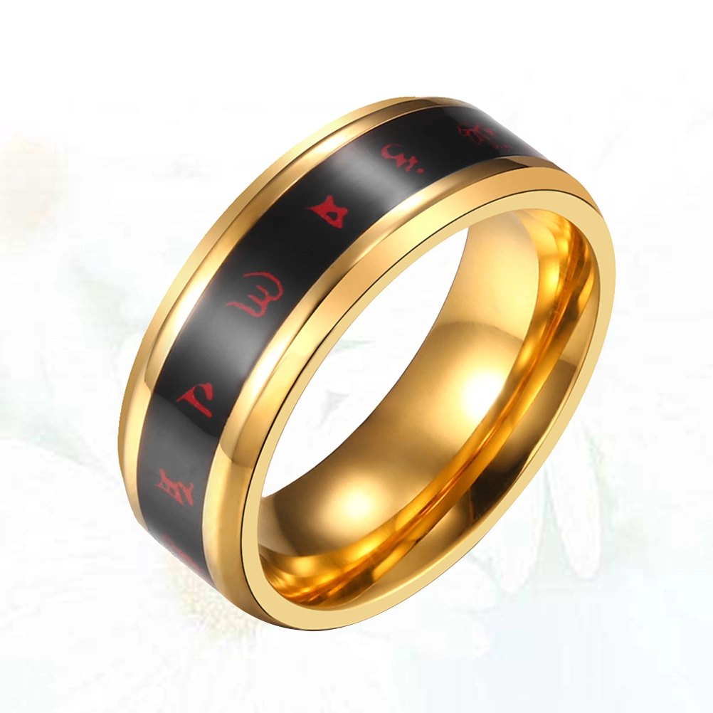 1Pc Unique Titanium Steel Ring Tibetan Buddhist Mantra Inlaid Finger Ring Delicate Distinctive Ring Jewelry (Golden Size 8#)