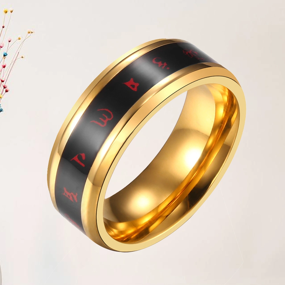 1Pc Unique Titanium Steel Ring Tibetan Buddhist Mantra Inlaid Finger Ring Delicate Distinctive Ring Jewelry (Golden Size 8#)
