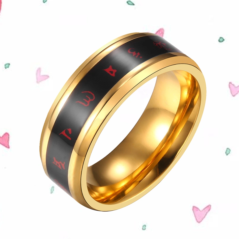 1Pc Unique Titanium Steel Ring Tibetan Buddhist Mantra Inlaid Finger Ring Delicate Distinctive Ring Jewelry (Golden Size 8#)