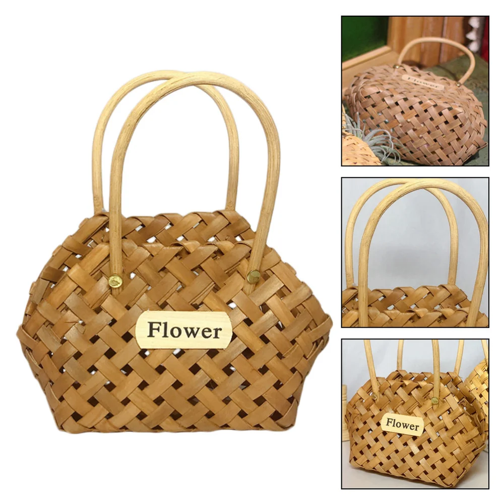 1Pc Handwoven Flower Basket Wooden Storage Basket Portable Wood Handbag Wedding Decoration (Coffee)