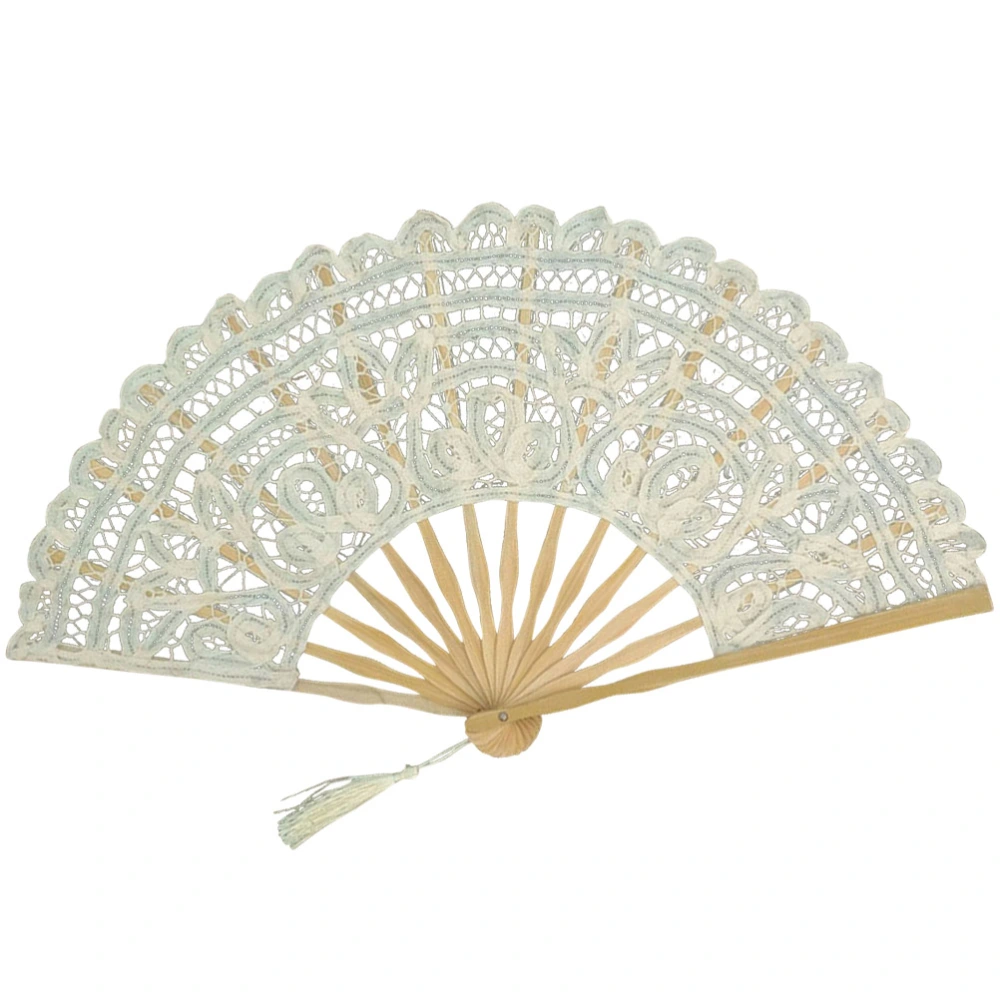 Cotton Bamboo Vintage Fan Lace Foldable Fan Elegant Gift for Women Ladies (Beige)