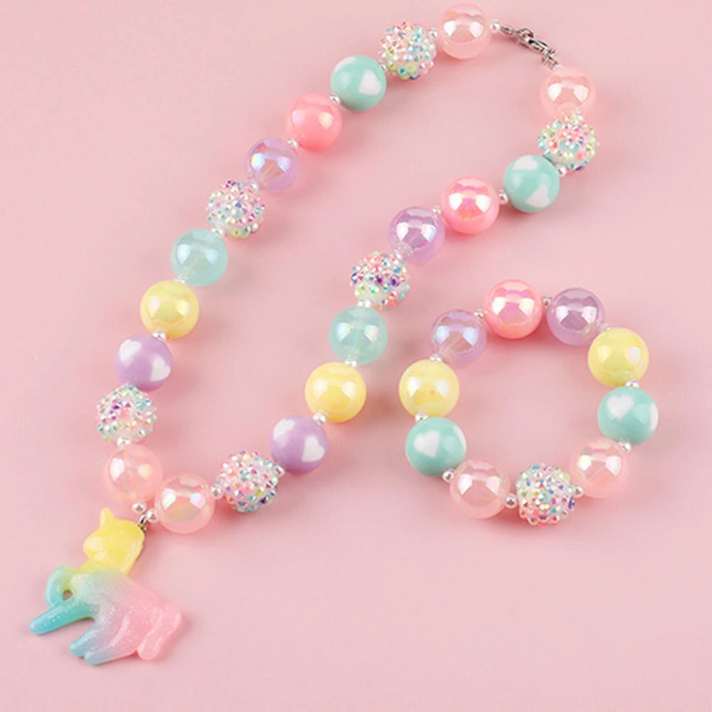 2Pcs/Set Kids Unicorn Pony Bracelets Necklace Colorful Acrylic Beads Jewelries