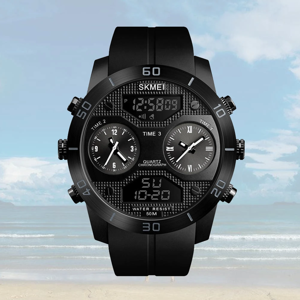 1355 Men Dual Display Wristwatches 50M Waterproof Clock Outdoor Sports Watches (Black)