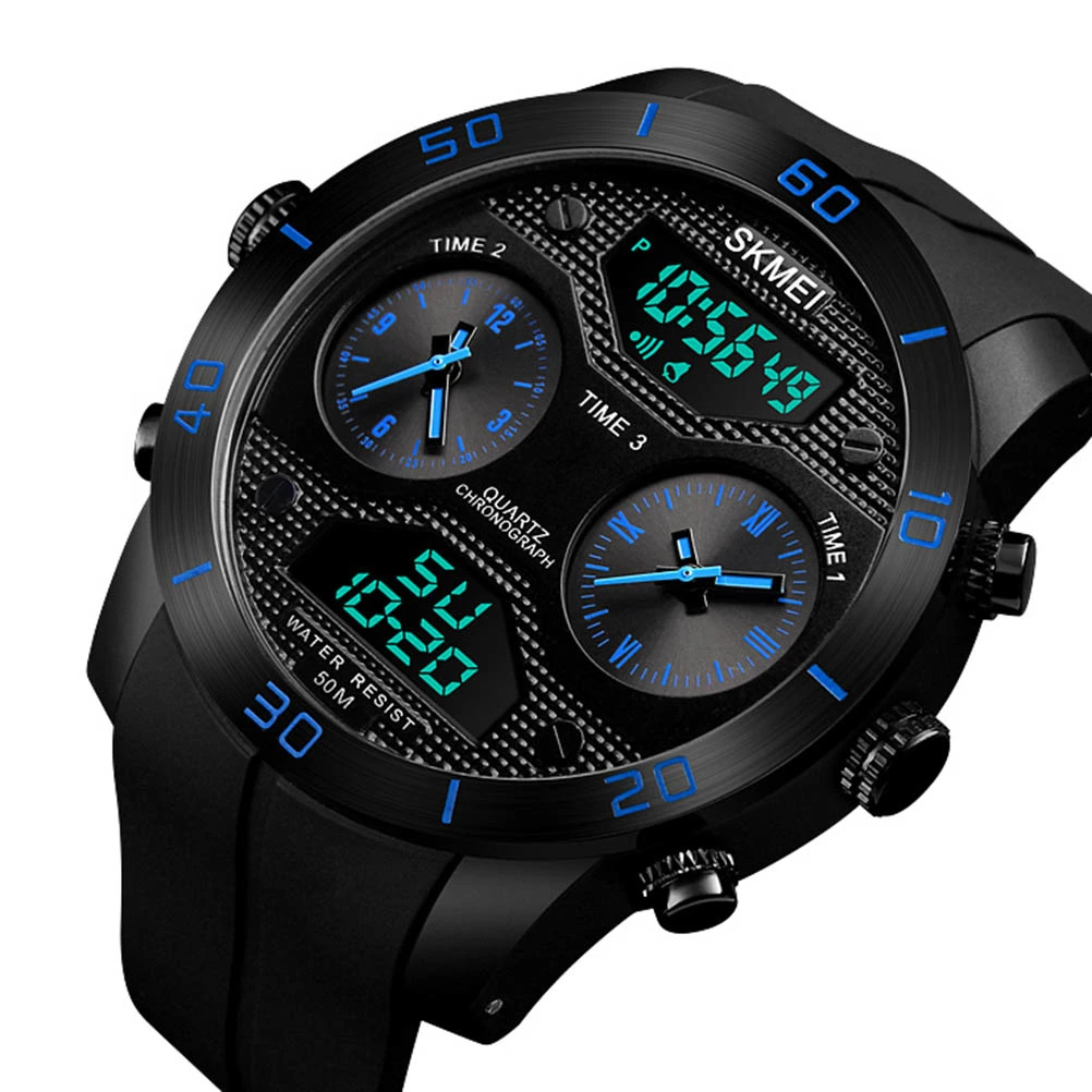 1355 Men Dual Display Wristwatches 50M Waterproof Clock Outdoor Sports Watches (Black)