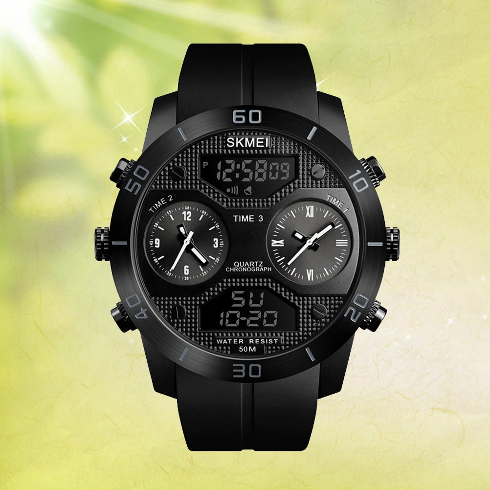 1355 Men Dual Display Wristwatches 50M Waterproof Clock Outdoor Sports Watches (Black)
