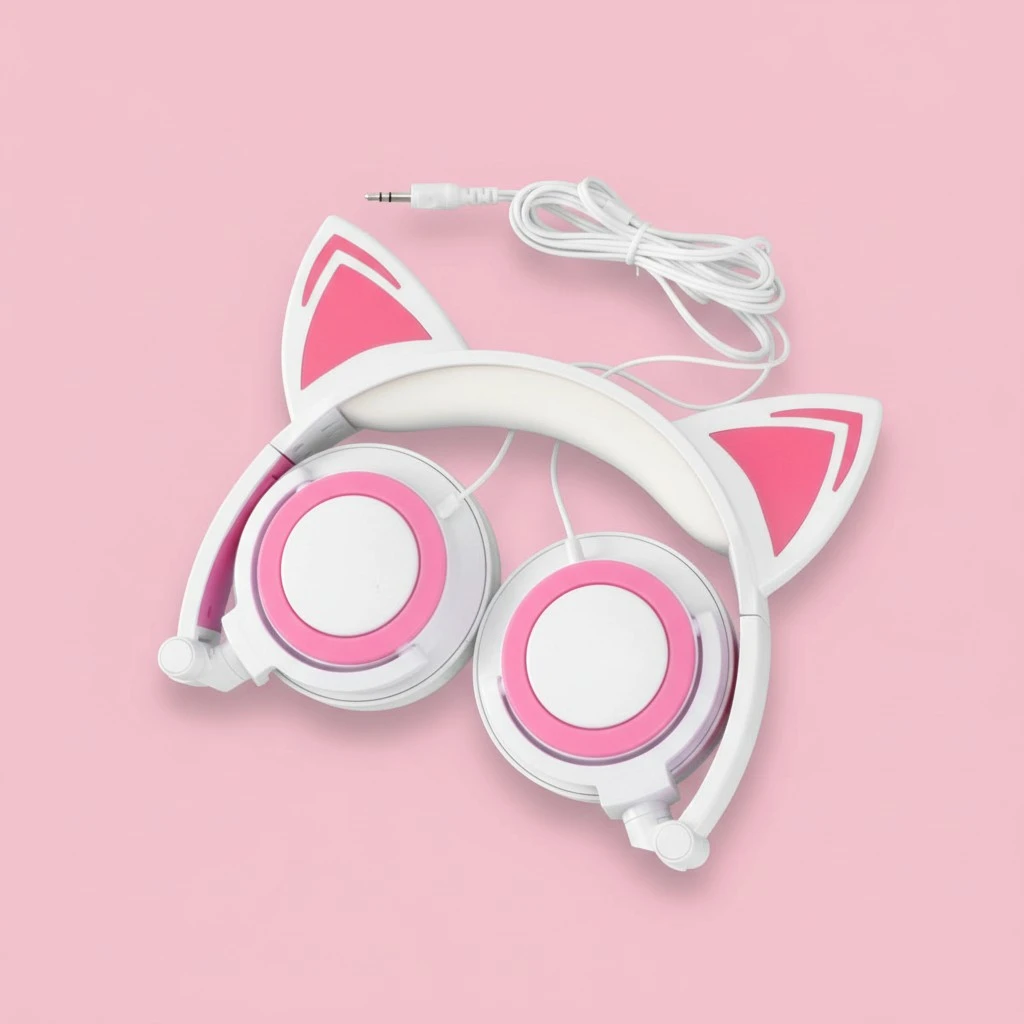 Cartoon Headphones Glowing Cat Ears Headphones Foldable Headsets Wired Headphone