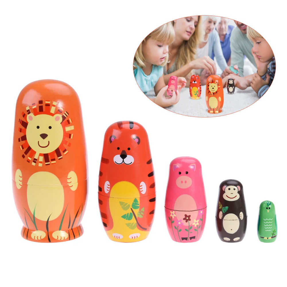 TOYMYTOY Five Nesting Dolls Russian Handmade Wooden Cartoon Animals Pattern Matryoshka Doll Toy Gift