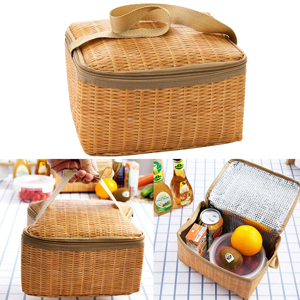 Imitation Rattan Lunch Bag Waterproof Portable Insulated Thermal Lunch Box Storage Bag