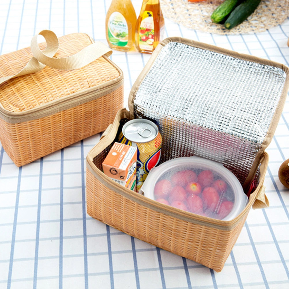 Imitation Rattan Lunch Bag Waterproof Portable Insulated Thermal Lunch Box Storage Bag