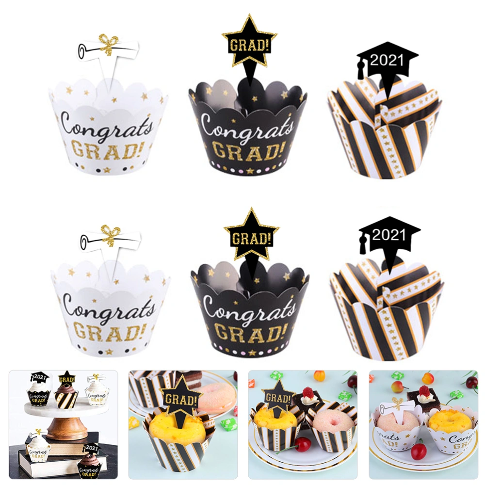 24pcs 2021 Graduation Party Cupcake Paper Wrappers Cake Toppers Ornaments