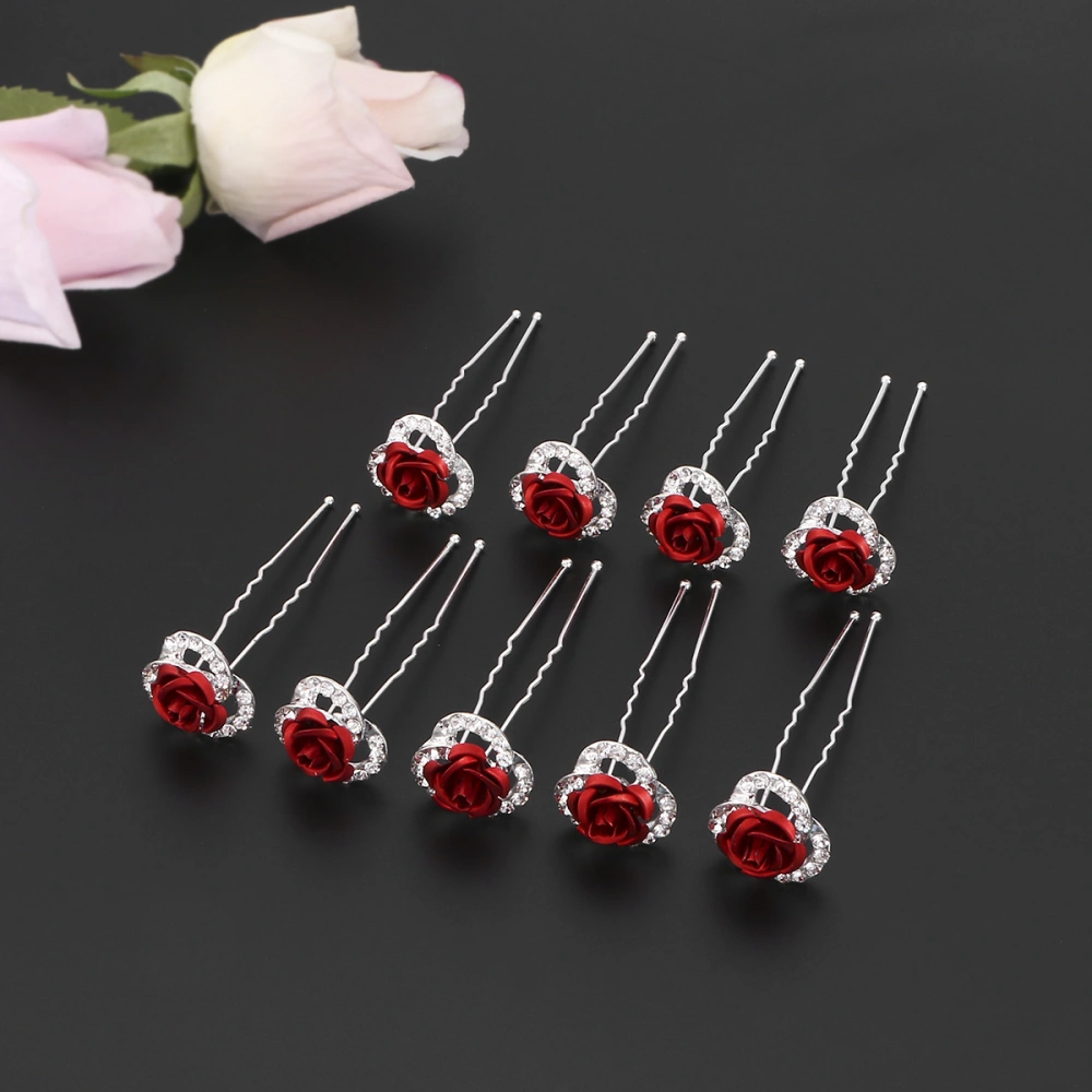 Frcolor 5 Pairs Red Rose Hair U-shaped Rhinestone Flower Hairpin Clips Bridal Hair Accessory Wedding Headpiece