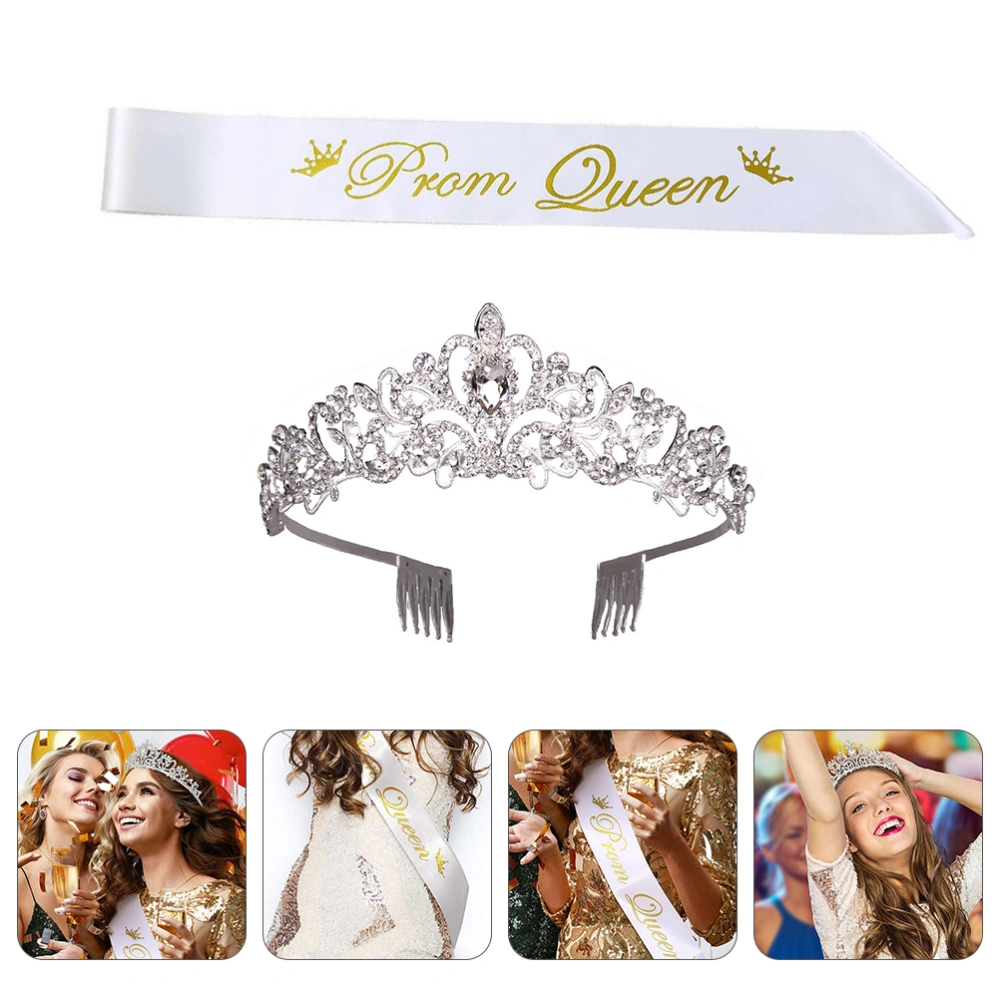 Graduation Party Decorations Prom Queen Shoulder Strap Headband Set (White)