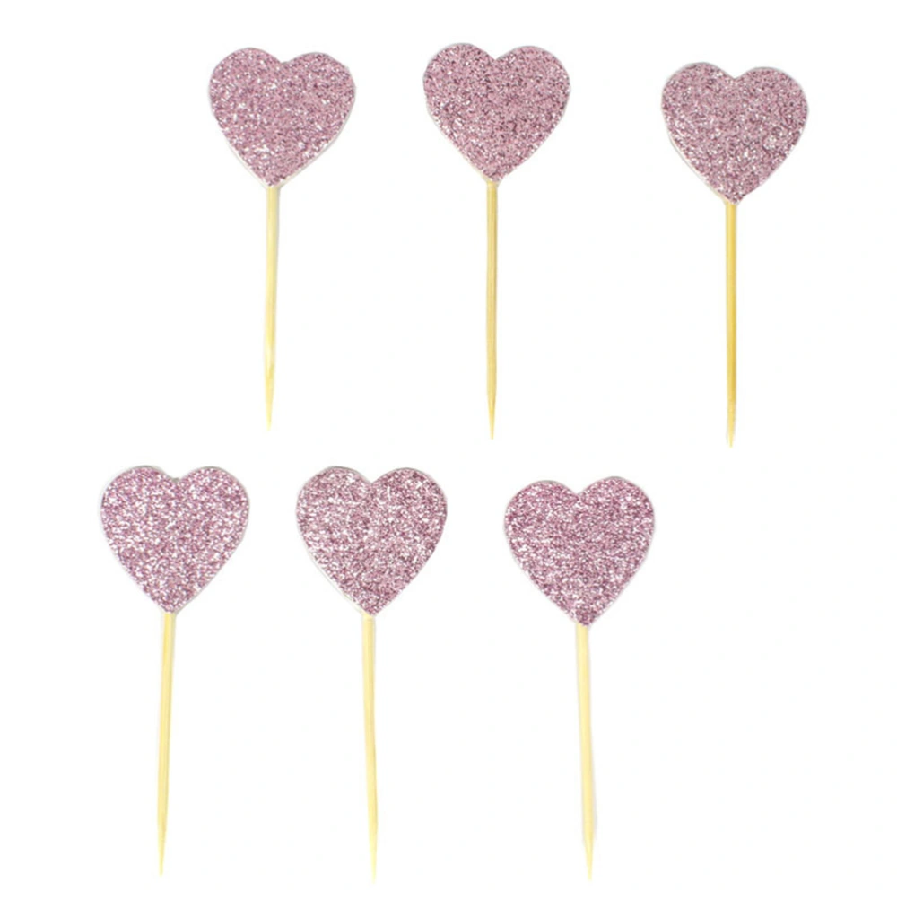 48pcs Pink Glitter Cake Toppers Love Heart Cake Picks Double-sided Heart Cake Decoration Mothers Day Birthday Party Dessert Insert Favor