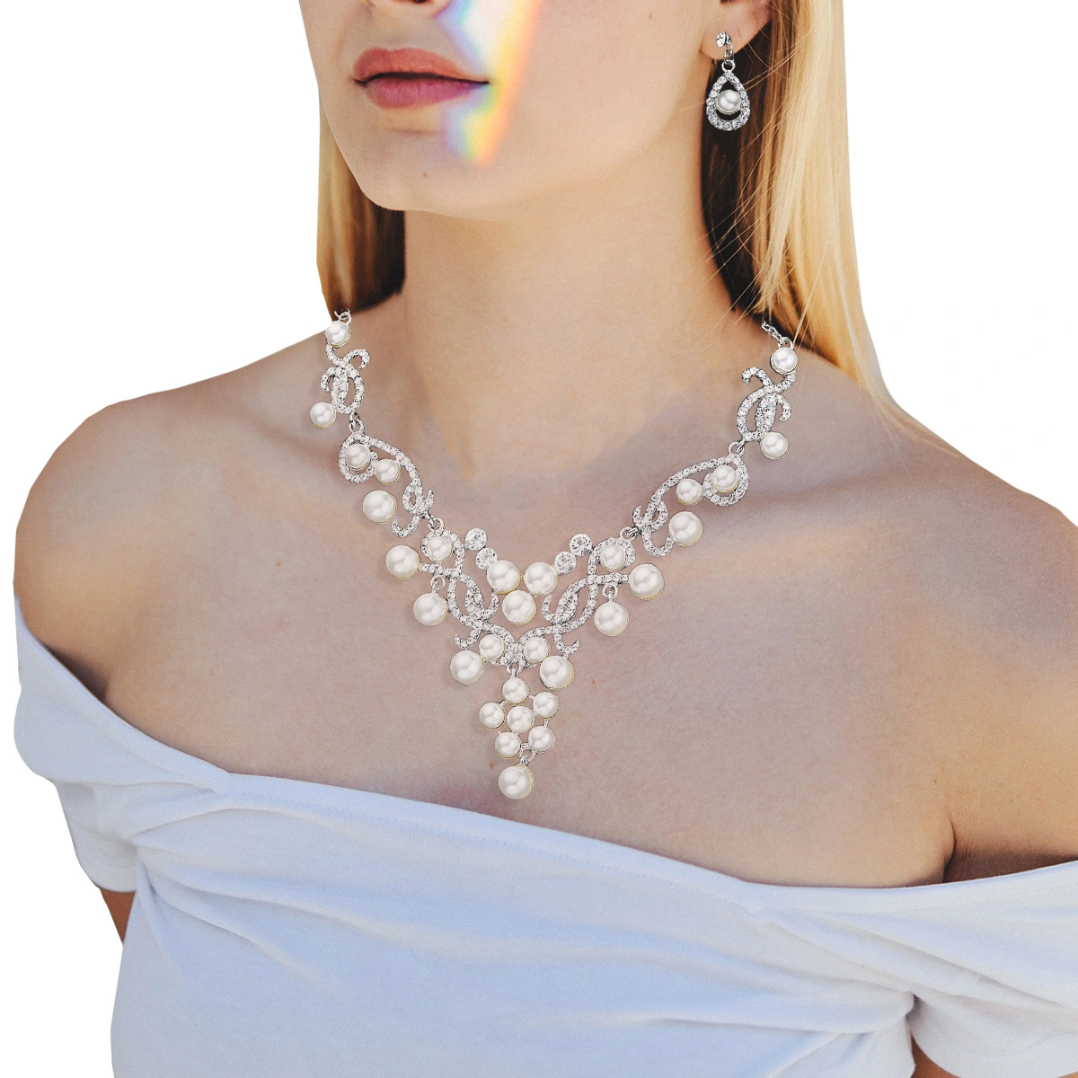 1 Set of Necklace Earring Set Alloy Pearl Ear Drop Necklace Wedding Accessory for Bride Women