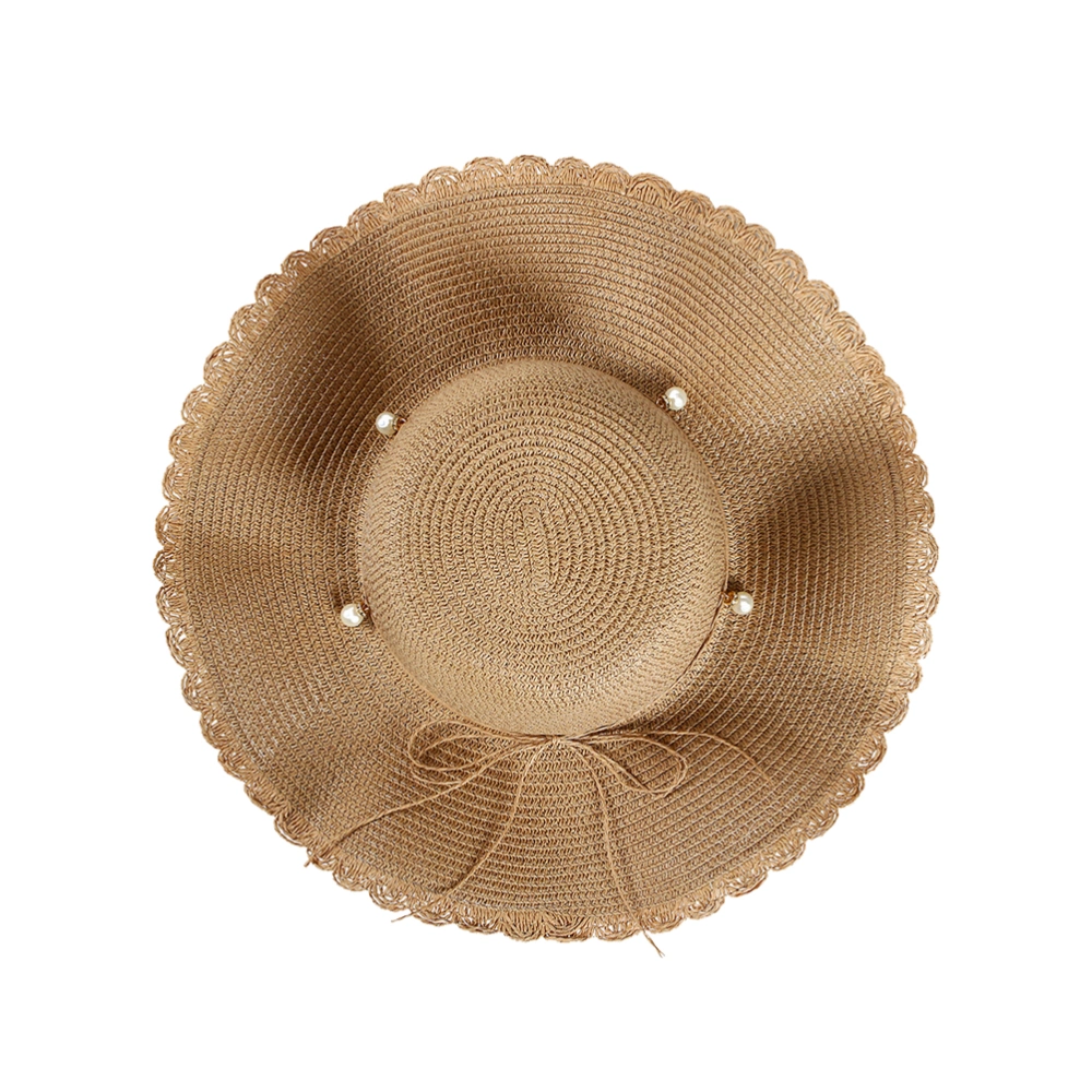 Wide Brim Sun Hat Outing Pearl Sun Block Adorable Summer Beach Hat (Khaki)