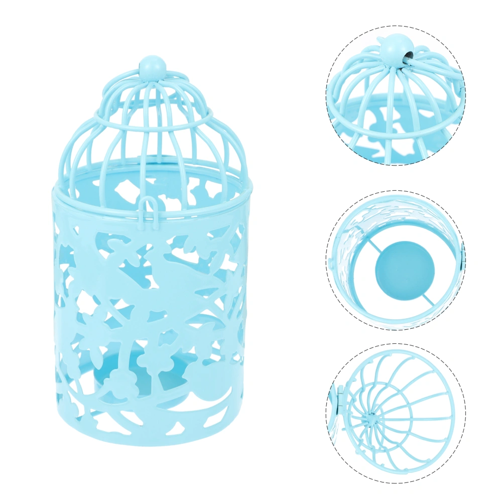 1pc Hollow out Pattern Iron Art Bird Cage Candle Stick Household Desktop Adornment Candle Holder for Home (Sky-blue)