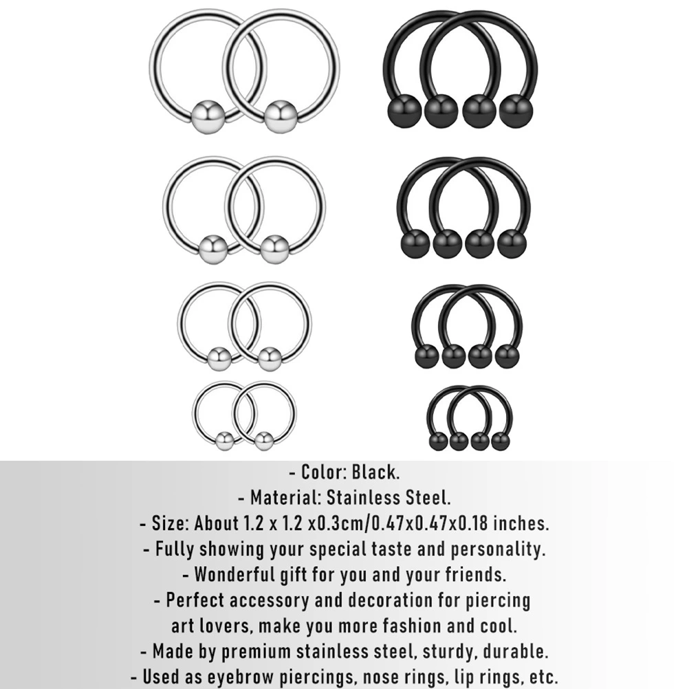 16Pcs One Set Delicate Curved Ring Piercings Jewelry Simple Piercing Jewelry Stainless Steel Studs for Eyebrow Nose Lip Body (Black)