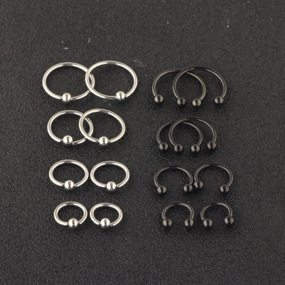 16Pcs One Set Delicate Curved Ring Piercings Jewelry Simple Piercing Jewelry Stainless Steel Studs for Eyebrow Nose Lip Body (Black)