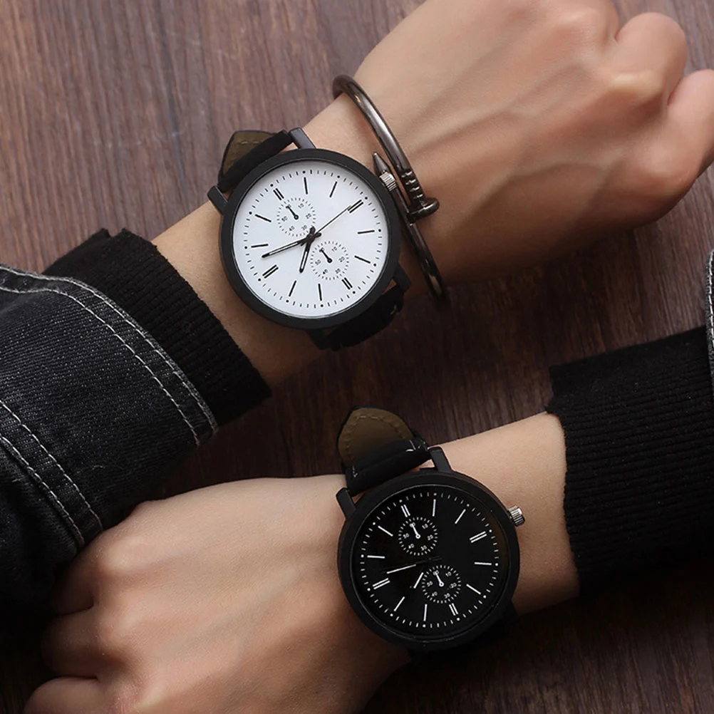2pcs Stylish Couple Watch Quartz Watch Adjustable Band Wrist Watch for Students Lovers (Black and White)