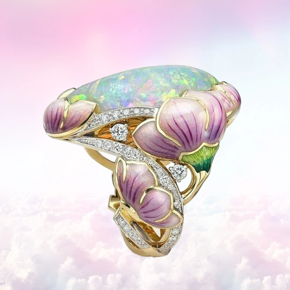 1pc Opal Stone Casting Ring Coloured Drawing Rings Floral Party Ring Finger Ring Jewelry for Women (2.06x2.06cm)