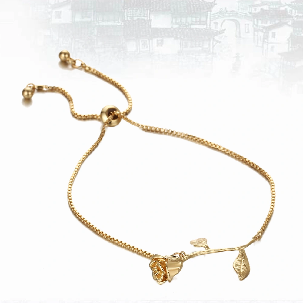 Women Bracelet Stylish Adjustable Rose Pattern Wrist Chain Jewelry Decoration (Golden)